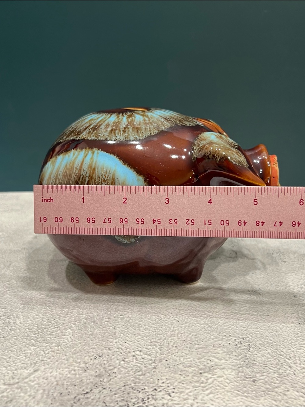 Vintage 50s Hull Pottery Corky Pig Ceramic Coin Bank MCM Brown Blue Drip Glaze - Picture 8 of 9